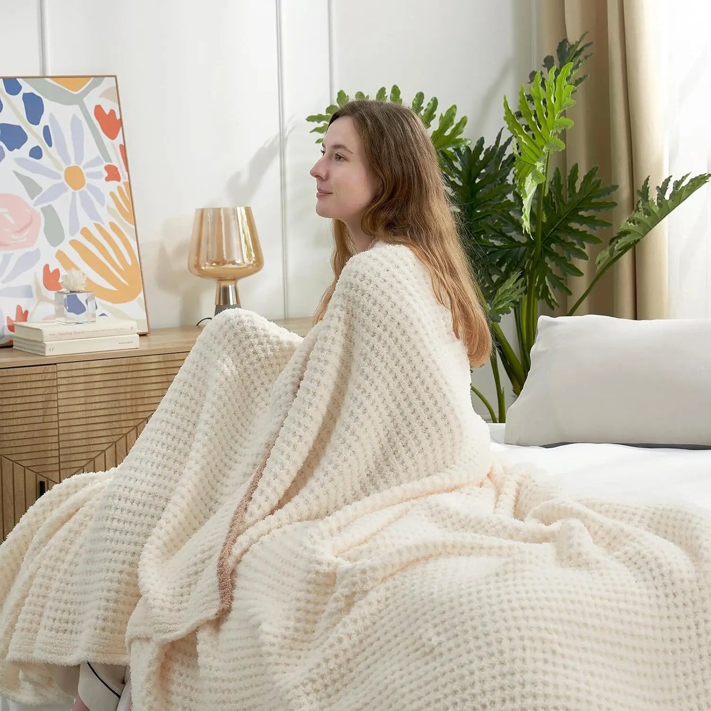 Soft Waffle Throw Blanket for Couch Bed Sofa 50x60 inches,Reversible Cream Blanket Microfiber Fluffy Fuzzy Cozy Knit Throws