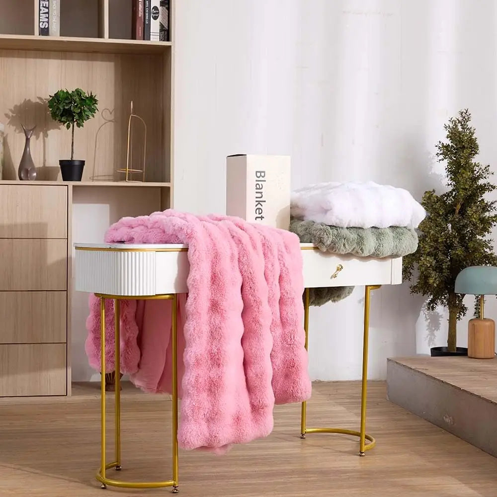 Faux Fur Throw Blanket Reversible Fuzzy Plush Bubble Fleece - Luxury Fluffy Blanket for Home Aesthetics Enthusiast Age 25-40