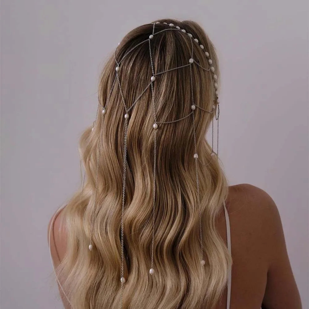 StoneFans Imitation Pearl Tassel Headband Bridal Jewelry