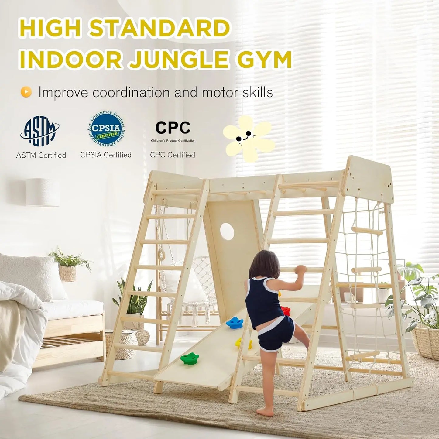 Indoor Jungle Gym 9 in 1 Kids Indoor Playground Climbing Toys with Climbing Wall Slide Monkey Bars Rope Ladder