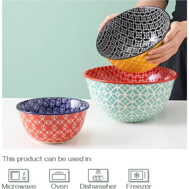 Ceramic Mixing Bowls Set Colorful Vibrant Nesting Bowls for Kitchen Cooking Baking Prepping Serving Salad
