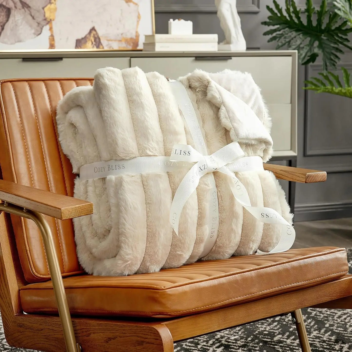 Comfortable faux fur sofa blanket 50 * 60 inches beige