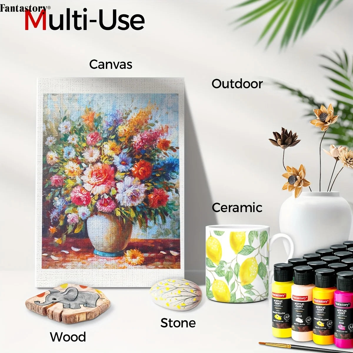 Fantastory 60ml Acrylic Paint Set, Professional Craft Paint With 12 Brushes, Glass/Stone/Wood Painting, Craft Supplies