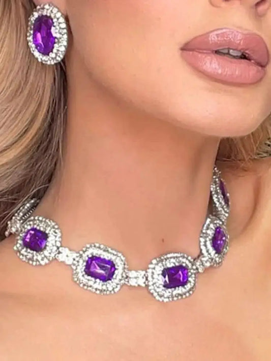 Stone Fans Rhinestone Necklace Earrings Set Bridal Jewelry