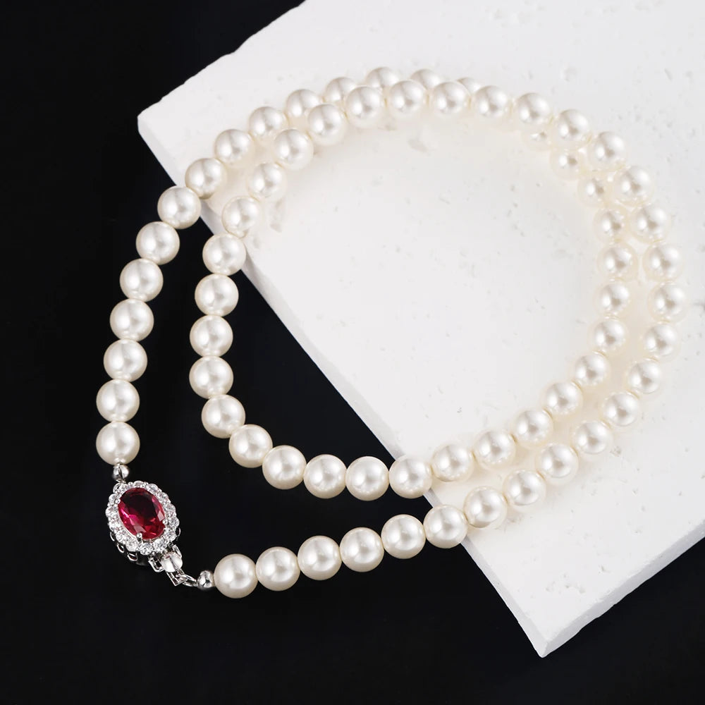 Vintage Red Shiny Crystal Pearl Necklace for Women S925 Sterling Silver Collarbone Sweater Chain