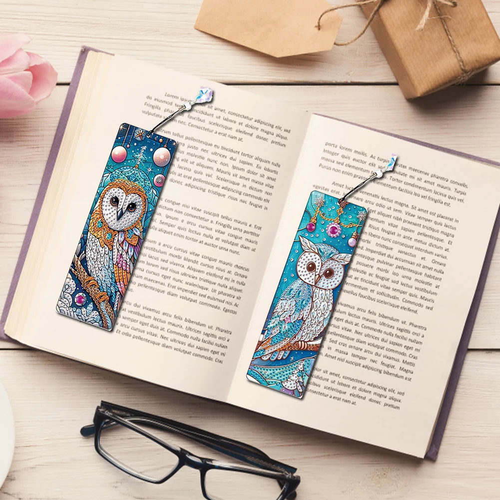 8Pcs DIY Owl Diamond Painting Art Bookmarks with Crystal Pendants for Reading