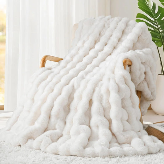 1000GSM artificial rabbit blanket, super thick warm and comfortable blanket for sofa bed and sofa, milky white