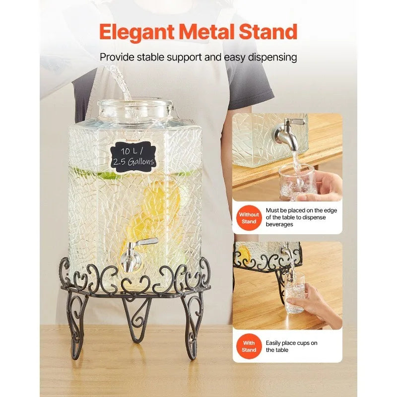 Drink Dispenser 2.5 Gal Beverage Dispenser for Parties Glass with Stand
