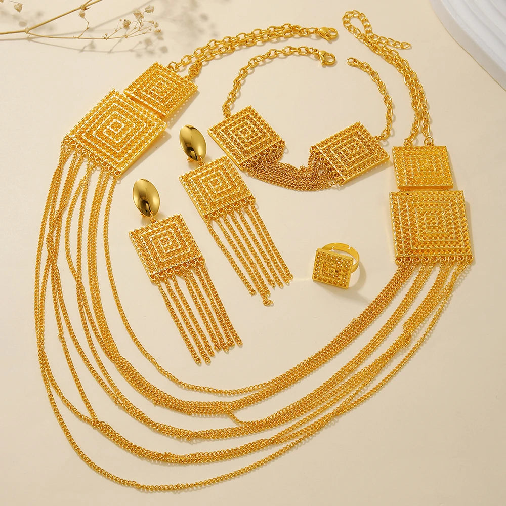 AUKYGGUS Gold Plated Tassel Jewelry Set Necklace Earrings
