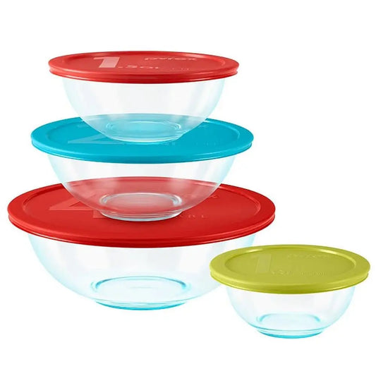 Glass Mixing Bowl Set 8 Piece Storage Containers with Color Coded Lids Oven Microwave Freezer Safe BPA Free Nesting Stackable
