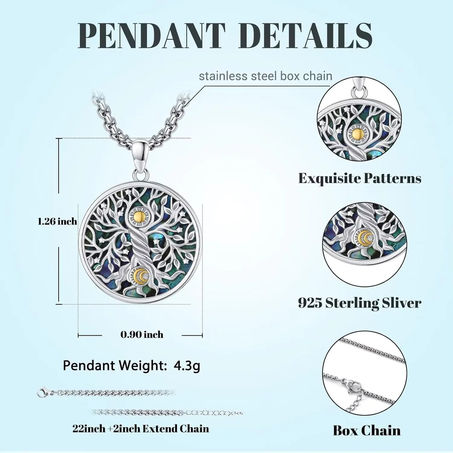 925 Sterling Silver Tree of Life Necklace Pendant Abalone Shell Celtic Knot Family Tree Jewelry for Men and Women Father's Day Gift