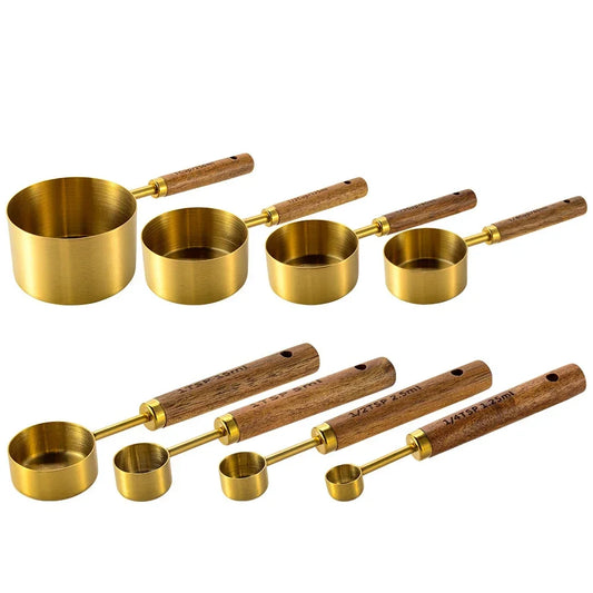 4/8Pcs Measuring Cups Spoons Stainless Steel Gold Wooden Handle Baking Tools Coffee Bartending Scale Kitchen Accessories Set