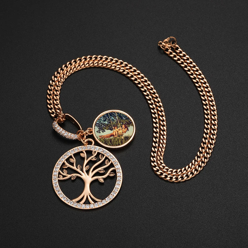 Tree of Life Custom Photo Pendant Necklace for Women and Men Hip Hop Jewelry Memory Medallions Engraved Name Gift
