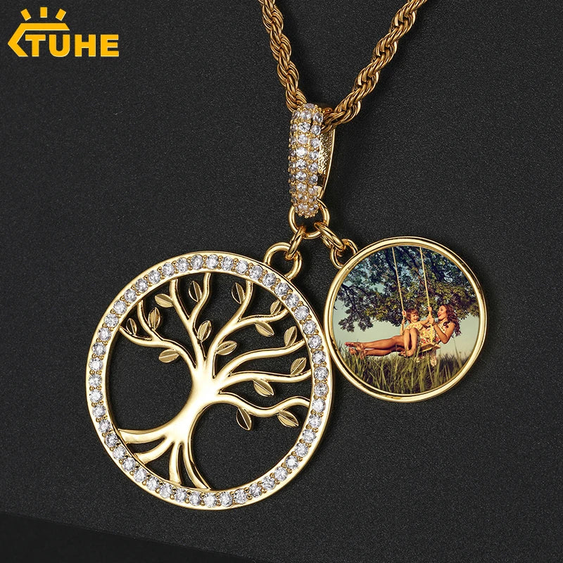 Tree of Life Custom Photo Pendant Necklace for Women and Men Hip Hop Jewelry Memory Medallions Engraved Name Gift