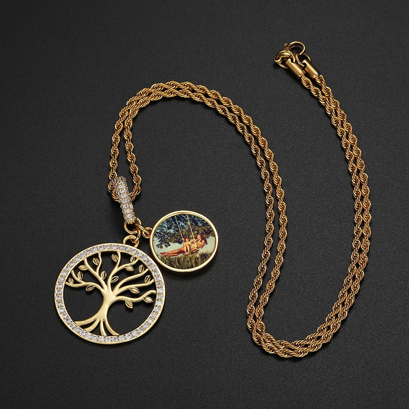 Tree of Life Custom Photo Pendant Necklace for Women and Men Hip Hop Jewelry Memory Medallions Engraved Name Gift